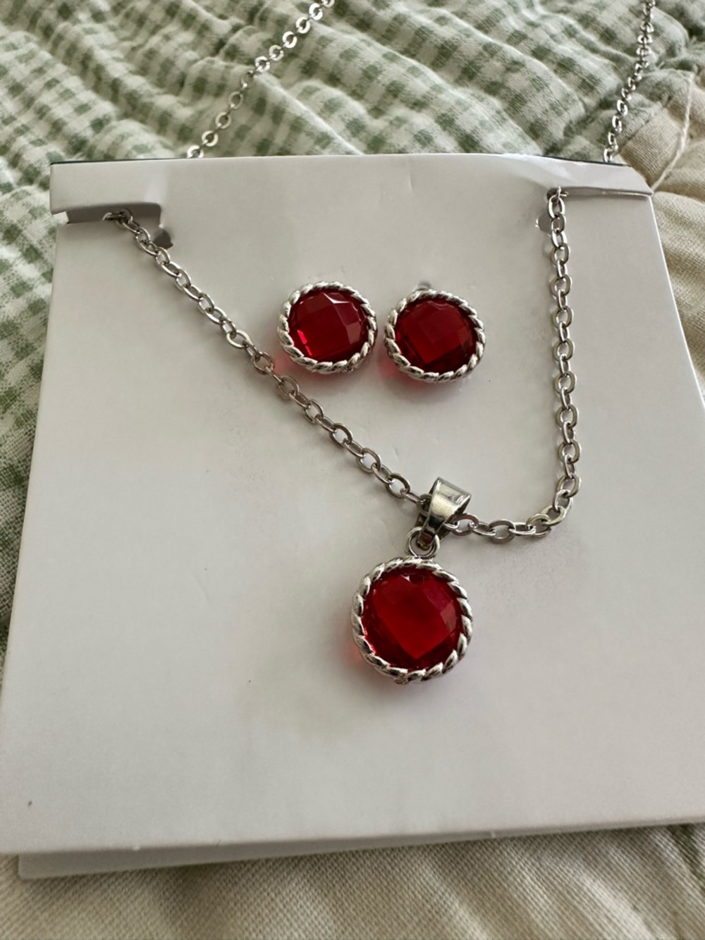 Effy Silver-Tone Necklace and Studs with Deep Red Faceted Stones